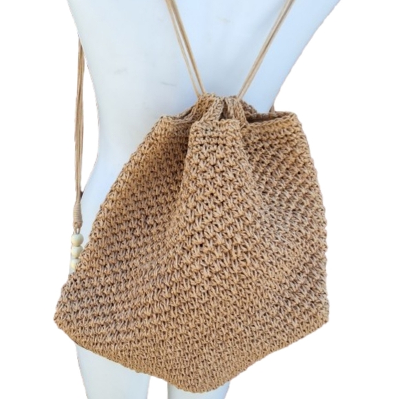 Tan Woven Paper Raffia Drawstring Backpack - Picture 1 of 15